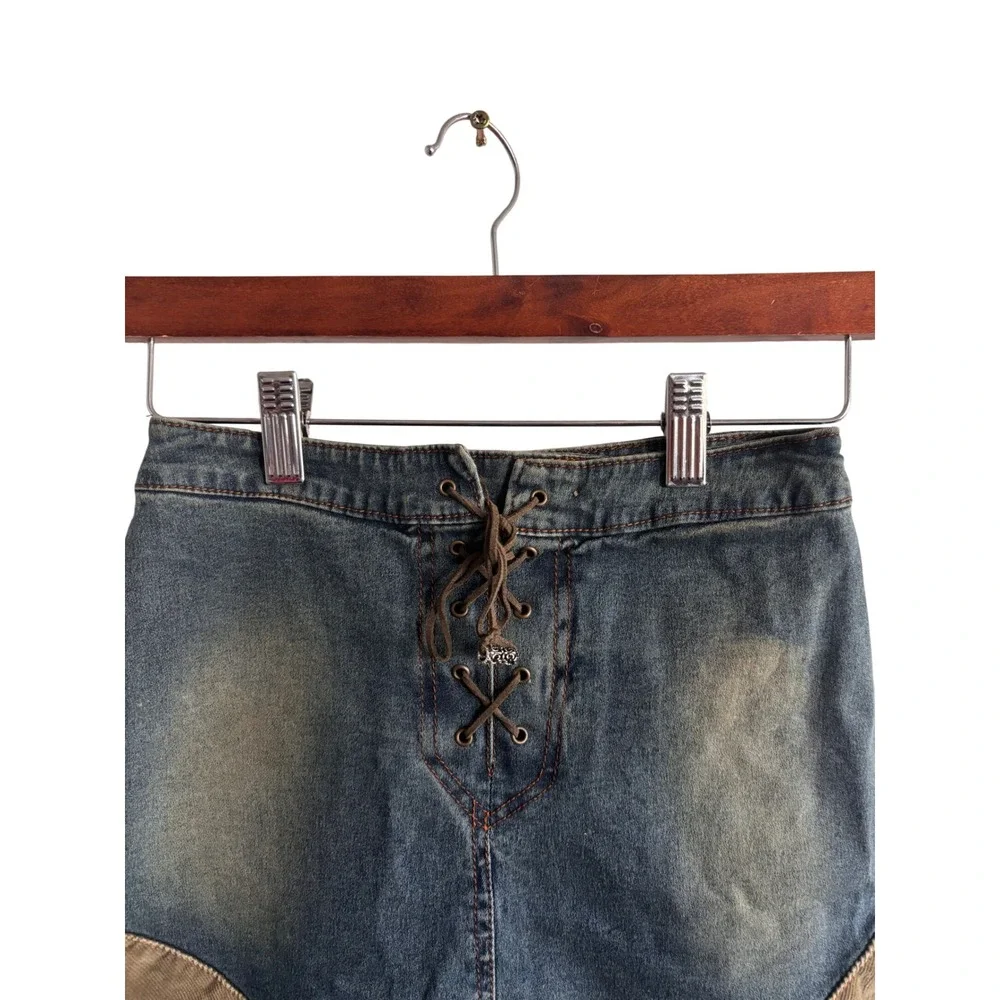 Sara Sara Two-Tone Denim and Brown A-Line Skirt